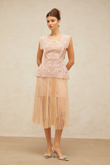 Aurohaya Céleste floral-lace-panelling tulle midi dress in Pink