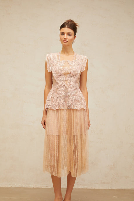 Aurohaya Céleste floral-lace-panelling tulle midi dress in Pink