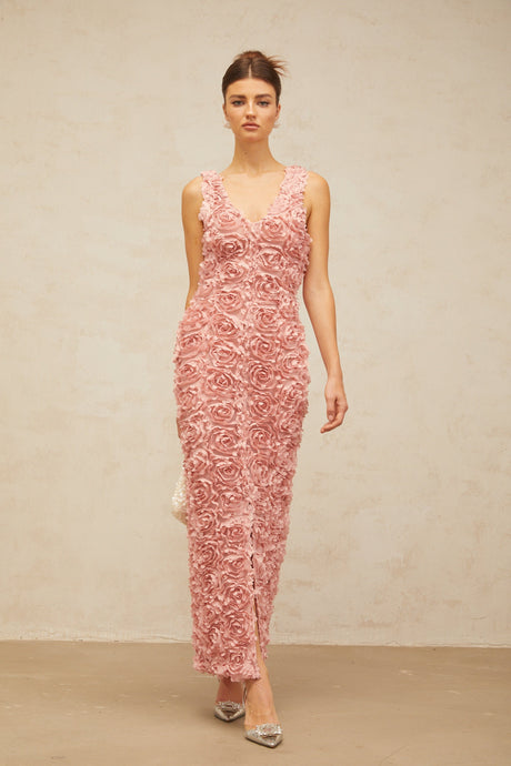Aurohaya Sylvie faux-flower V-neck maxi dress in Pink