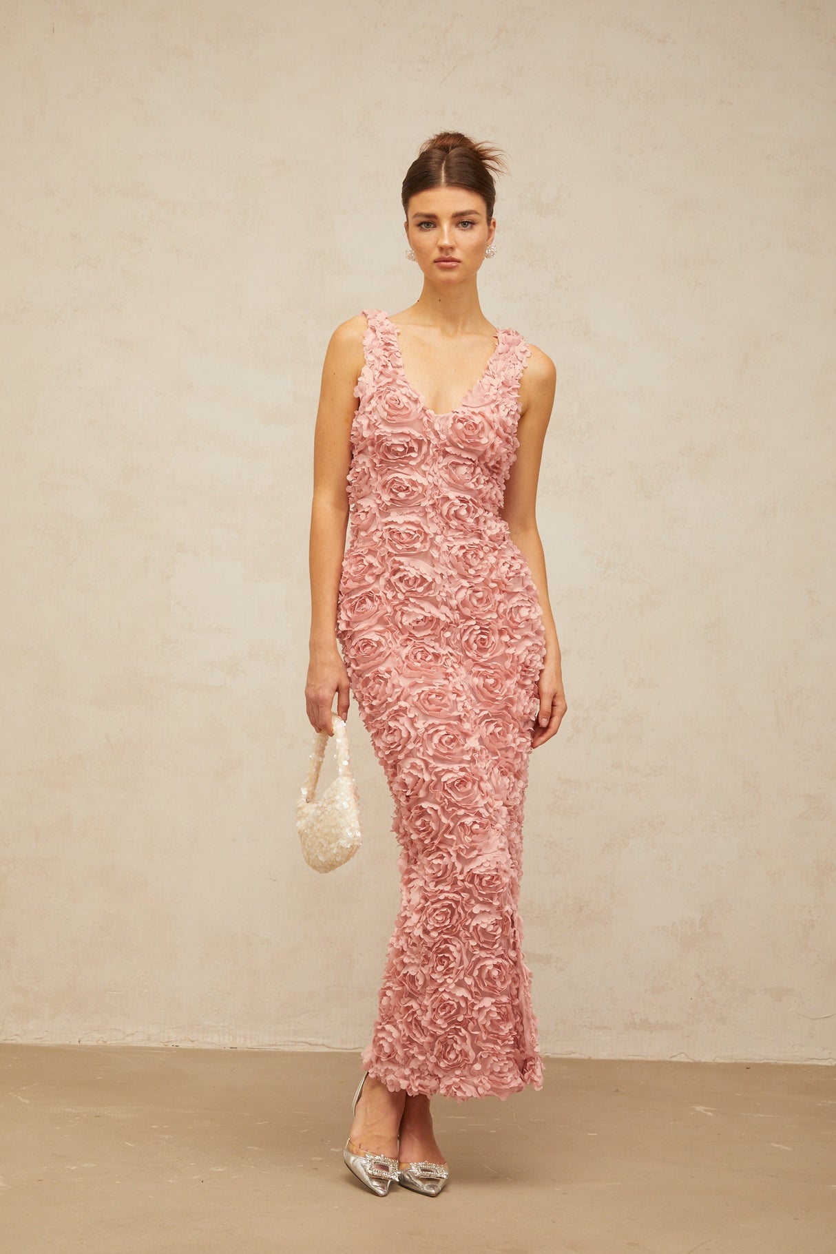Aurohaya Sylvie faux-flower V-neck maxi dress in Pink