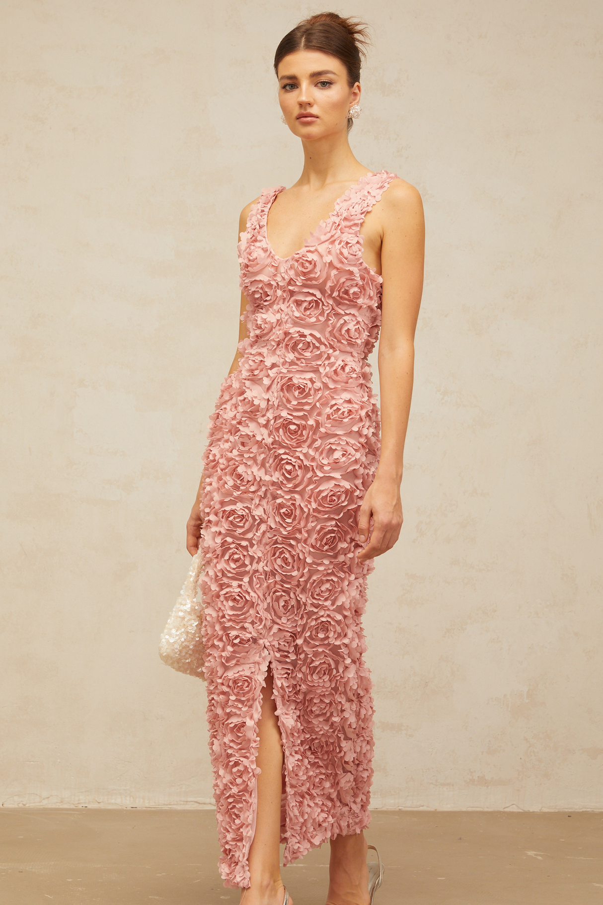 Aurohaya Sylvie faux-flower V-neck maxi dress in Pink