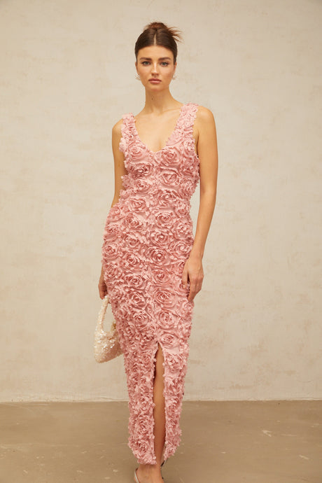 Aurohaya Sylvie faux-flower V-neck maxi dress in Pink