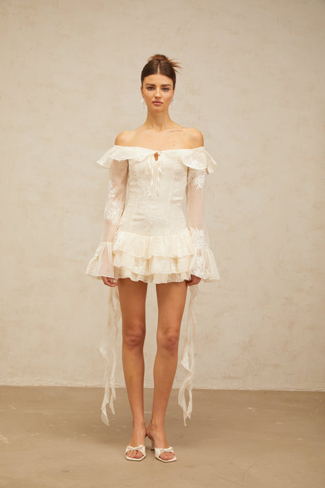 Aurohaya Désirée white off-shoulder embroidered mini dress