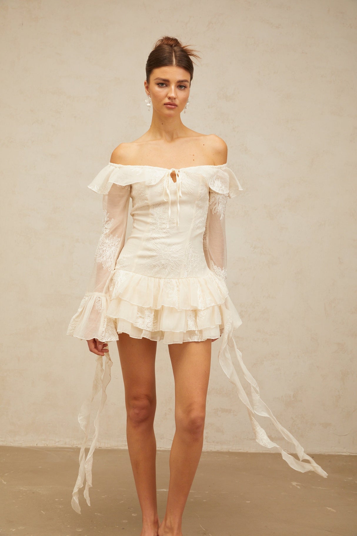 Aurohaya Désirée white off-shoulder embroidered mini dress