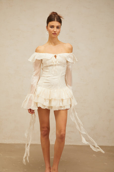 Aurohaya Désirée white off-shoulder embroidered mini dress