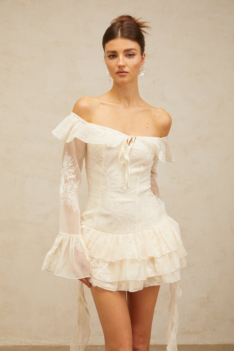 Aurohaya Désirée white off-shoulder embroidered mini dress