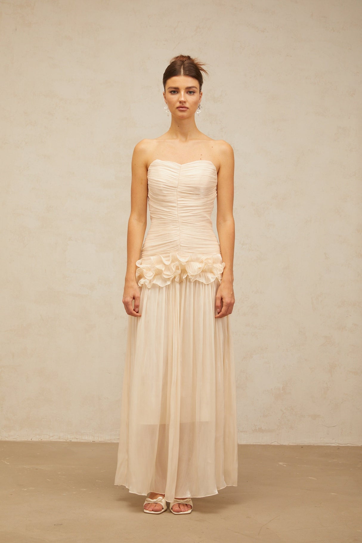 Aurohaya Céleste neutrals ruffled pleated maxi dress