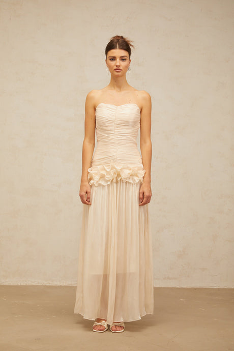 Aurohaya Céleste neutrals ruffled pleated maxi dress