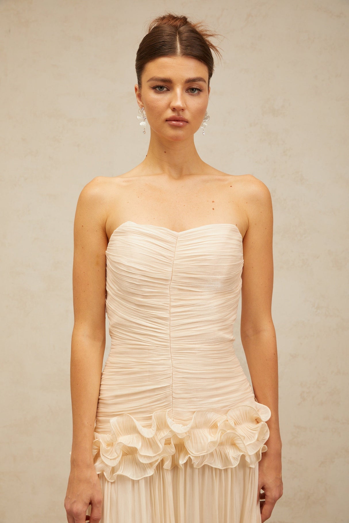 Aurohaya Céleste neutrals ruffled pleated maxi dress
