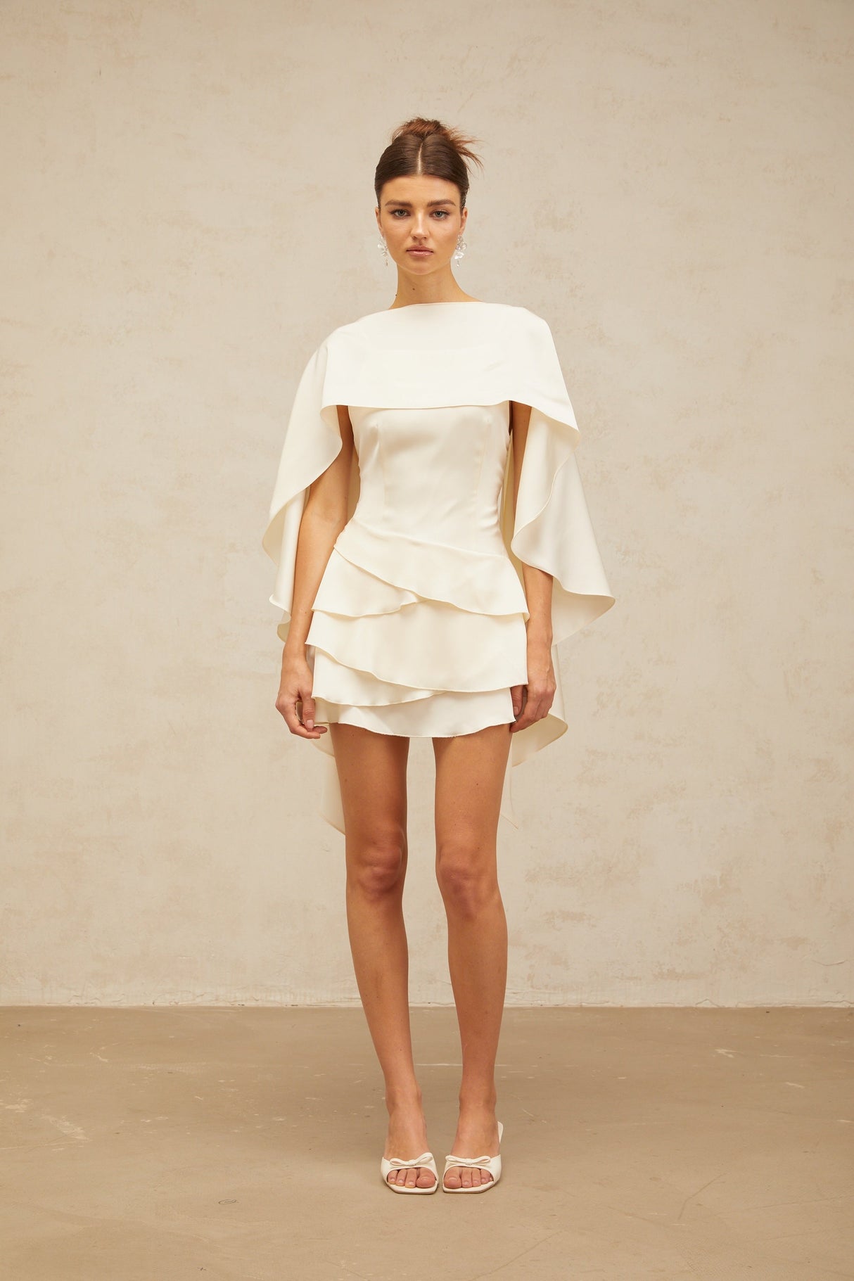Aurohaya Lyna White Satin Ruffled Mini Dress with Shawl Panel Detail