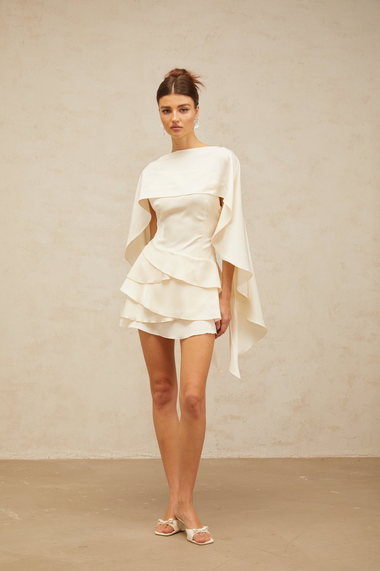Aurohaya Lyna White Satin Ruffled Mini Dress with Shawl Panel Detail
