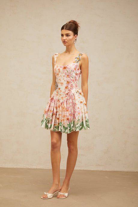 Aurohaya Michèle pink floral-print pleated mini dress