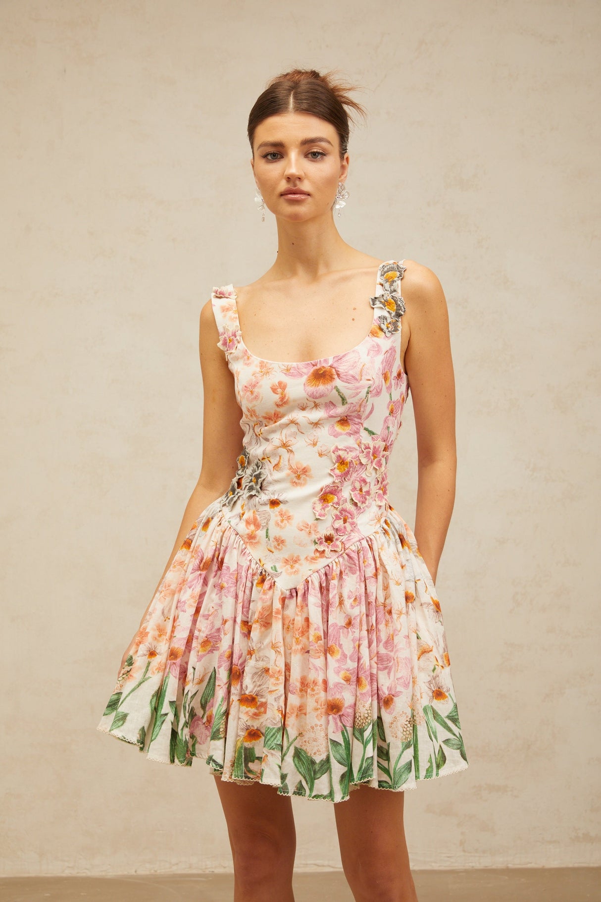 Aurohaya Michèle pink floral-print pleated mini dress