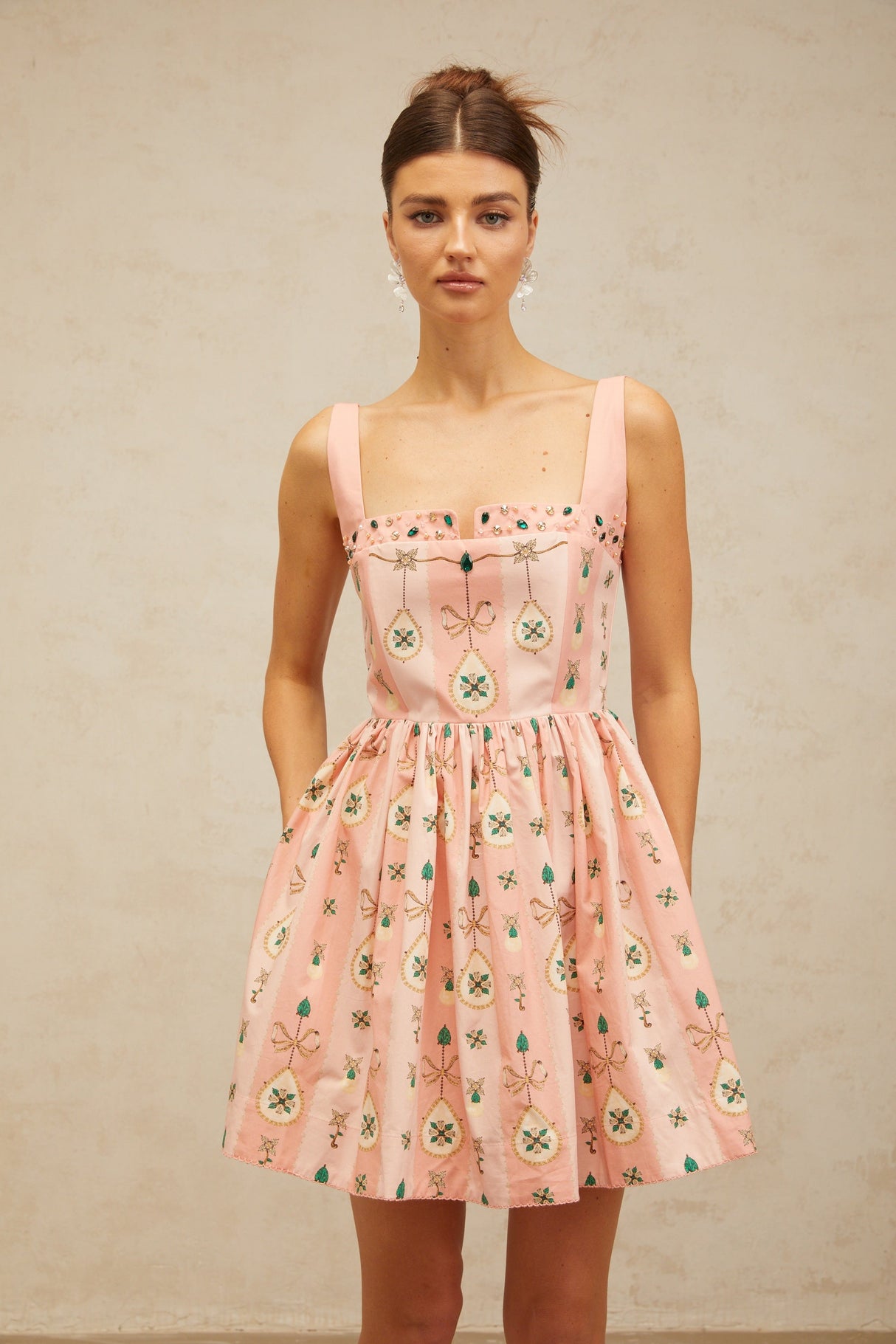 Aurohaya Osanne pink embellished pattern-print mini dress