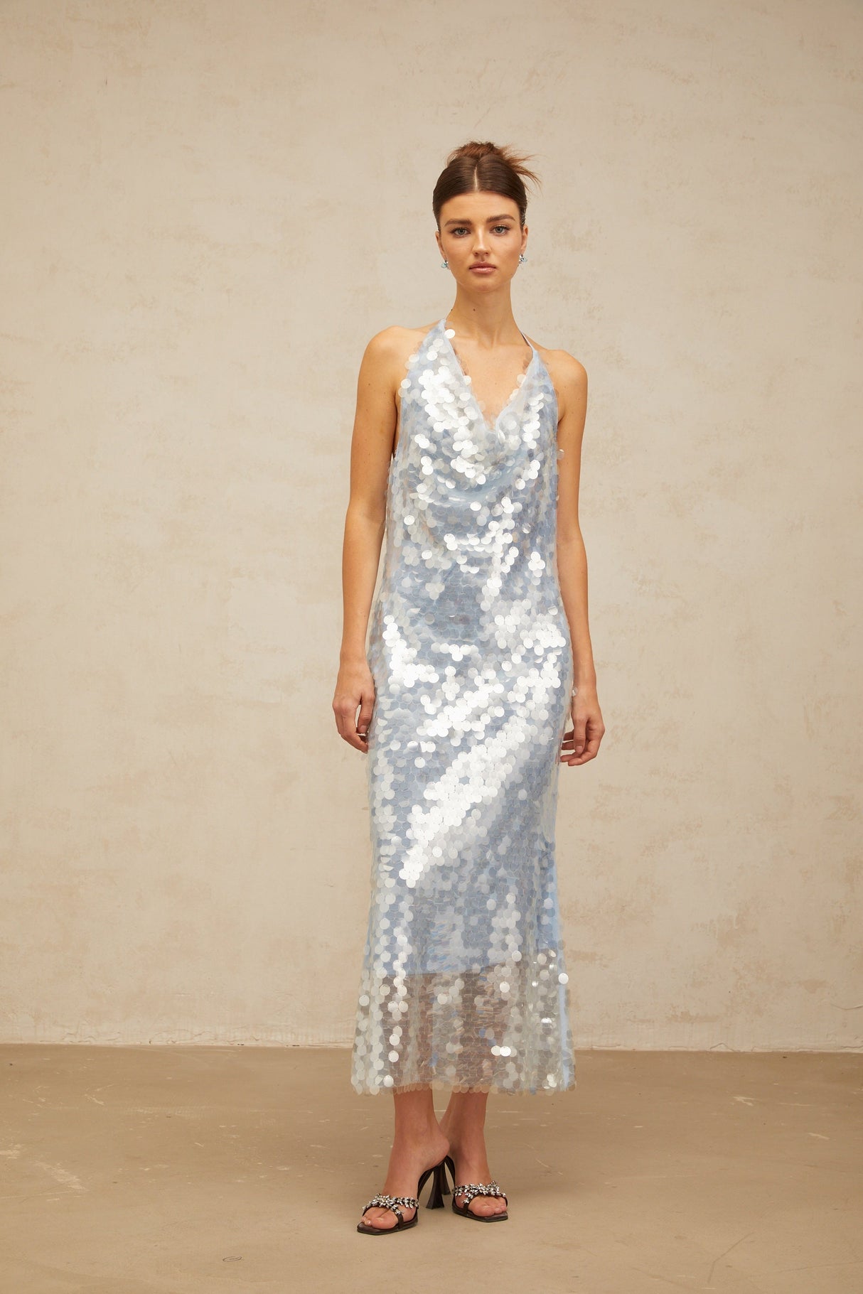 Aurohaya Babette blue halterneck sequined midi dress
