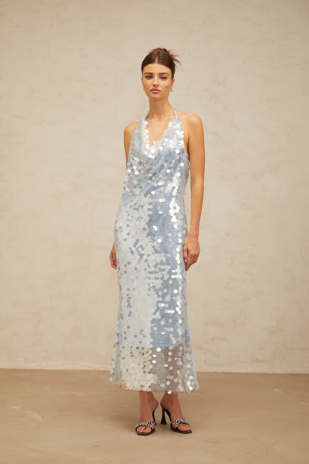 Aurohaya Babette blue halterneck sequined midi dress