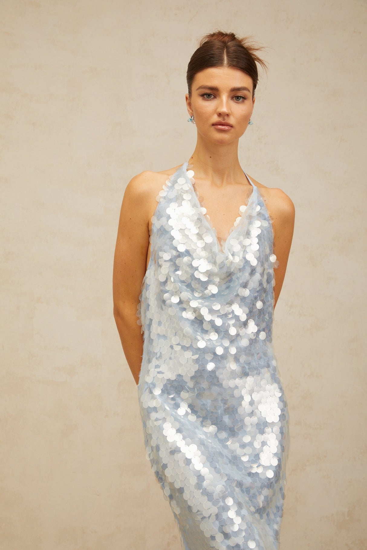 Aurohaya Babette blue halterneck sequined midi dress