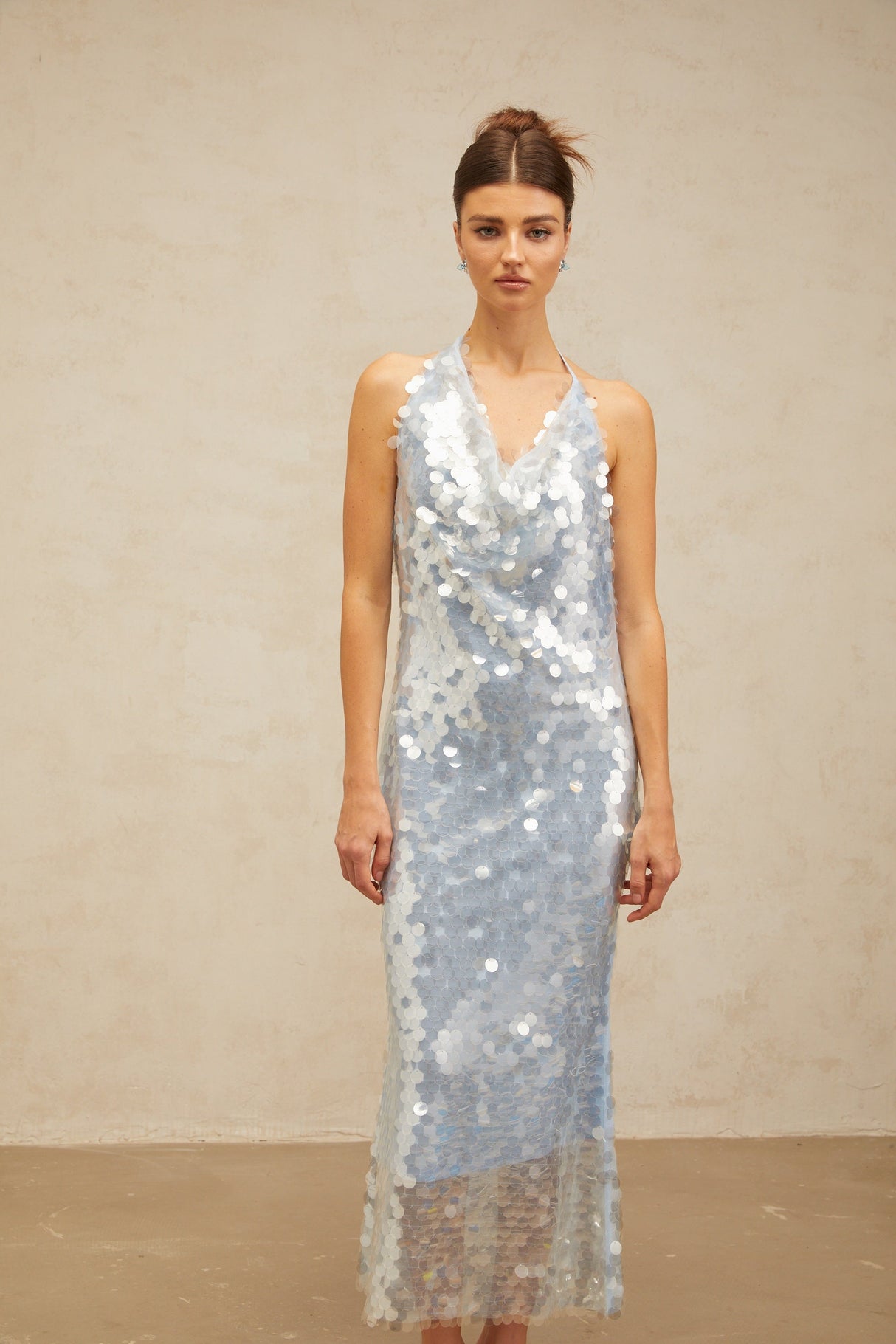 Aurohaya Babette blue halterneck sequined midi dress