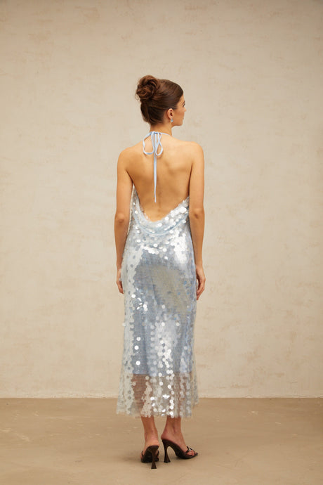 Aurohaya Babette blue halterneck sequined midi dress