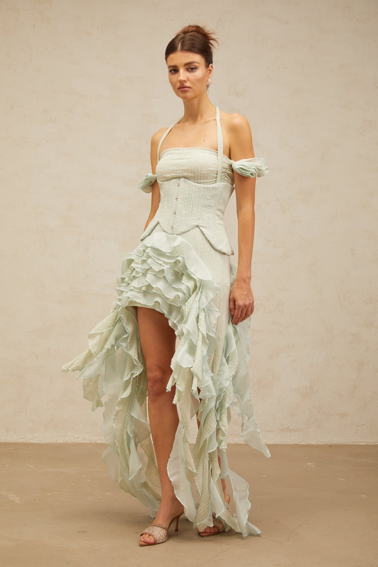 Aurohaya Patricia green floral-appliqué asymmetrical ruffled mini dress