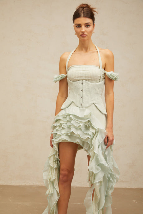 Aurohaya Patricia green floral-appliqué asymmetrical ruffled mini dress