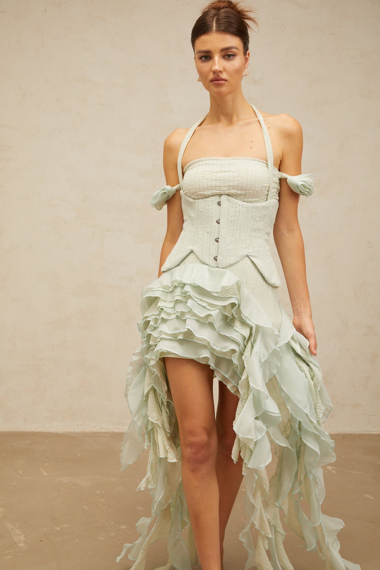 Aurohaya Patricia green floral-appliqué asymmetrical ruffled mini dress
