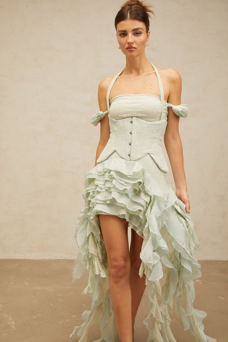 Aurohaya Patricia green floral-appliqué asymmetrical ruffled mini dress