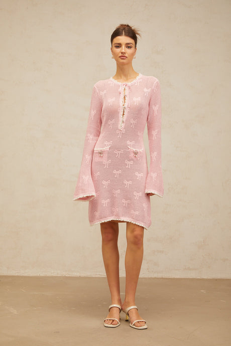 Aurohaya Marjolaine pink embellished crochet-knit mini dress