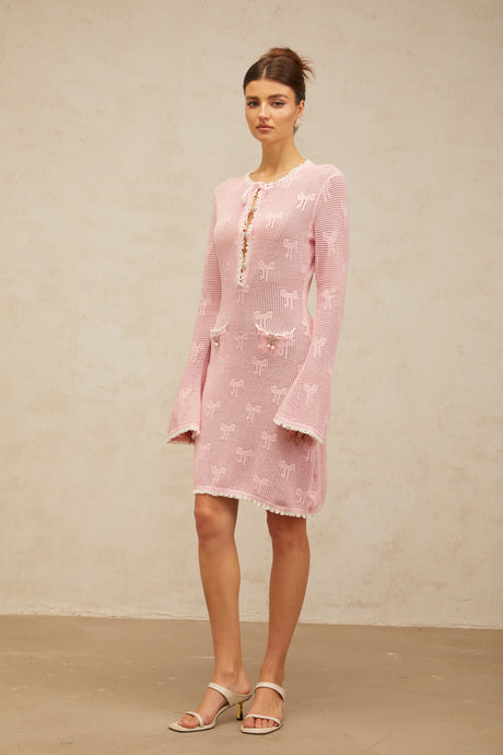 Aurohaya Marjolaine pink embellished crochet-knit mini dress