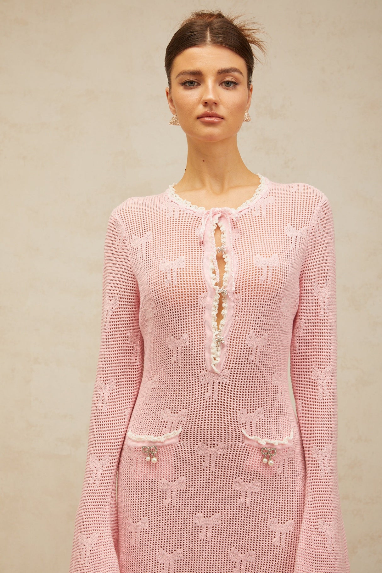 Aurohaya Marjolaine pink embellished crochet-knit mini dress