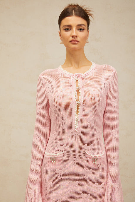 Aurohaya Marjolaine pink embellished crochet-knit mini dress