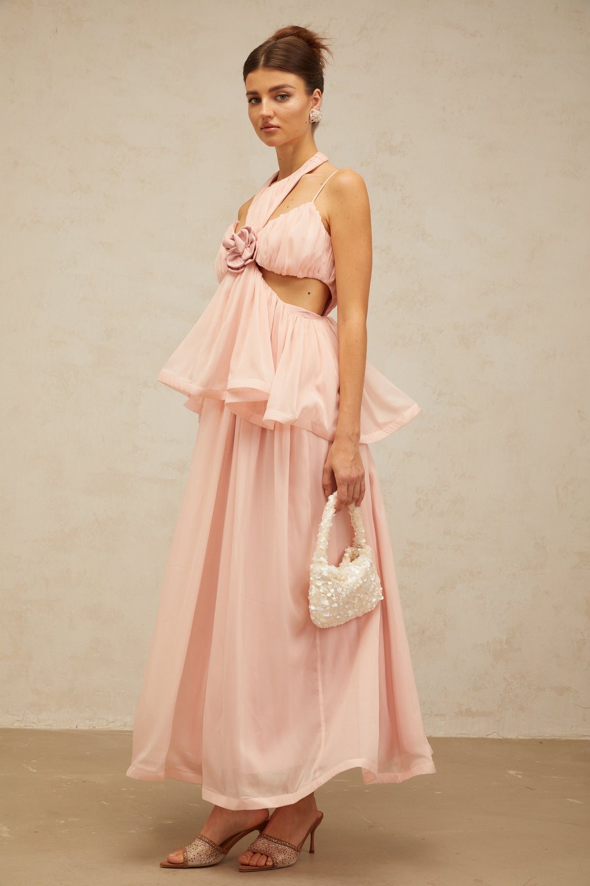 Aurohaya Danaé pink cut-out floral-appliqué maxi dress