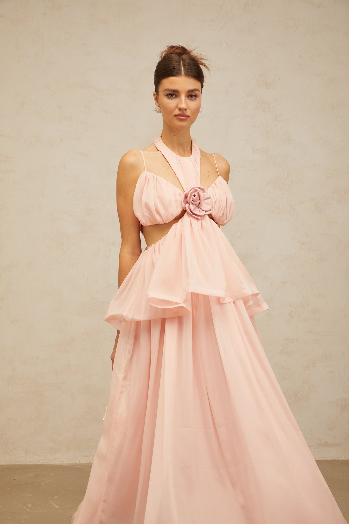 Aurohaya Danaé pink cut-out floral-appliqué maxi dress