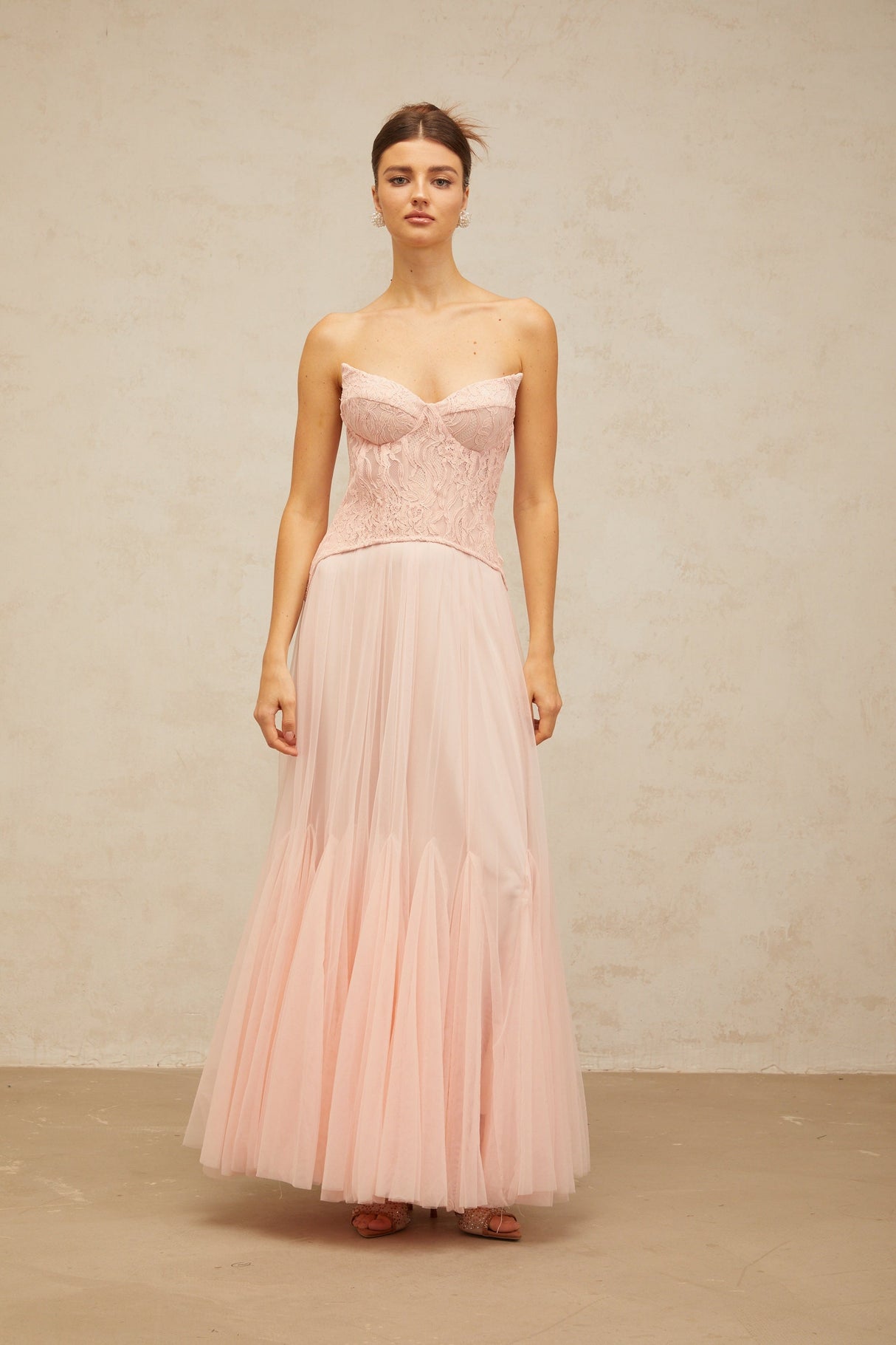 Aurohaya Ulrique Pink Lace Corset Tulle Maxi Dress