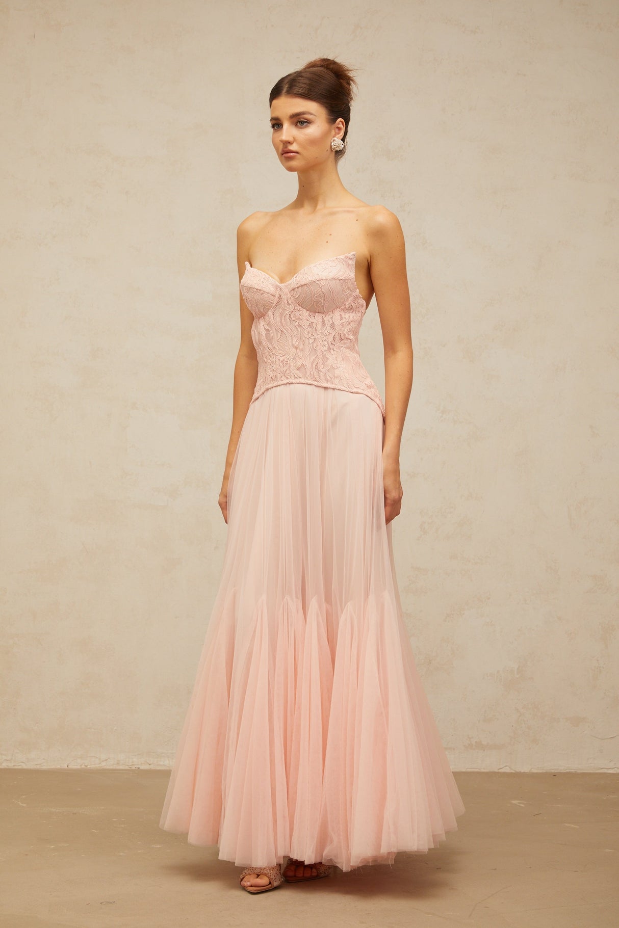 Aurohaya Ulrique Pink Lace Corset Tulle Maxi Dress