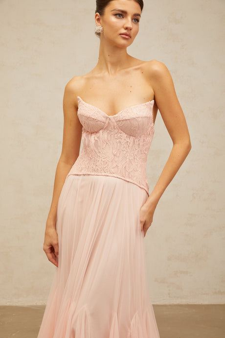 Aurohaya Ulrique Pink Lace Corset Tulle Maxi Dress