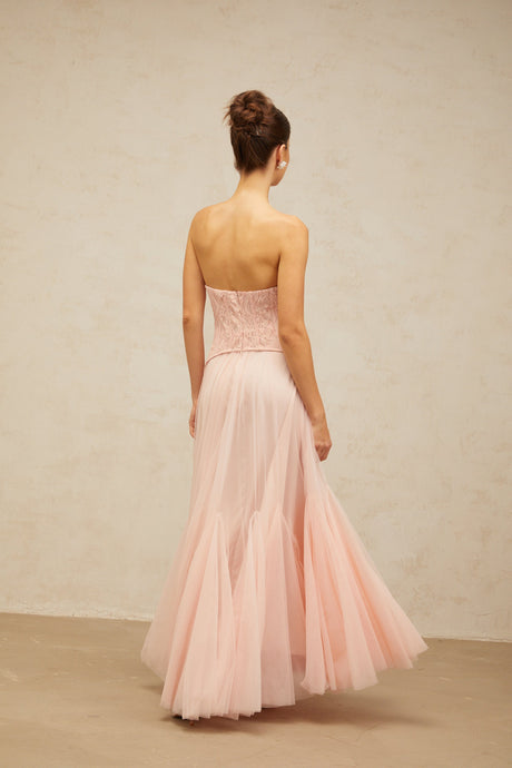Aurohaya Ulrique Pink Lace Corset Tulle Maxi Dress