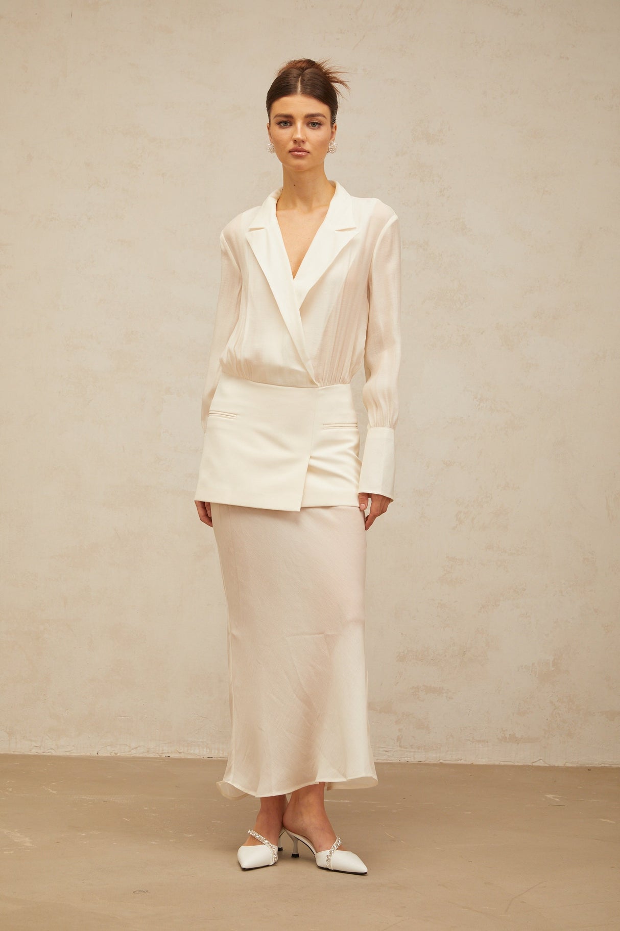 Aurohaya Gisèle white panelled semi-sheer maxi dress