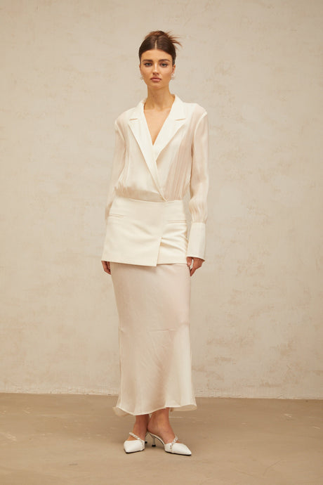 Aurohaya Gisèle white panelled semi-sheer maxi dress