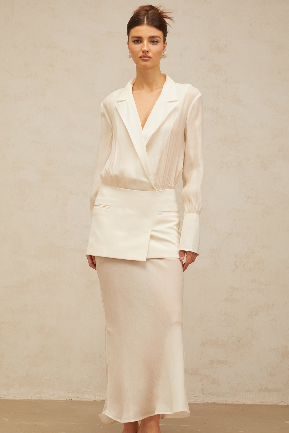 Aurohaya Gisèle white panelled semi-sheer maxi dress