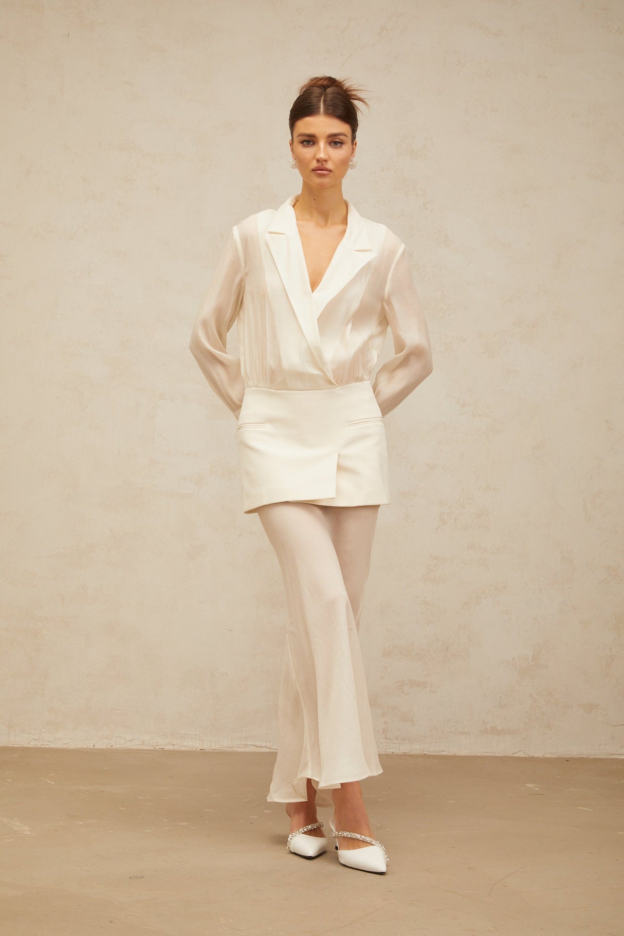 Aurohaya Gisèle white panelled semi-sheer maxi dress