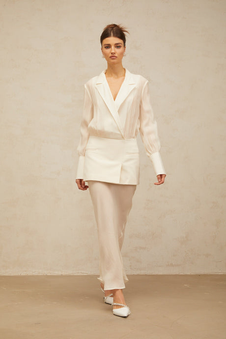 Aurohaya Gisèle white panelled semi-sheer maxi dress