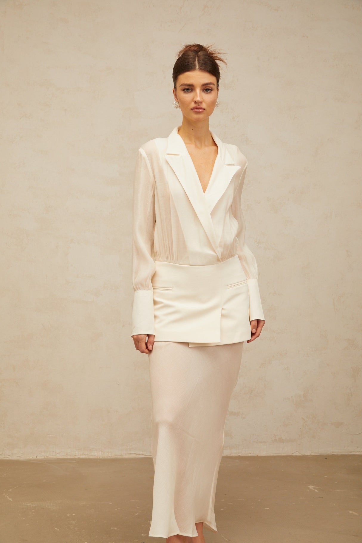 Aurohaya Gisèle white panelled semi-sheer maxi dress