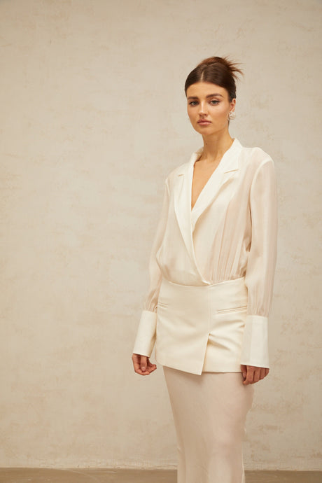 Aurohaya Gisèle white panelled semi-sheer maxi dress