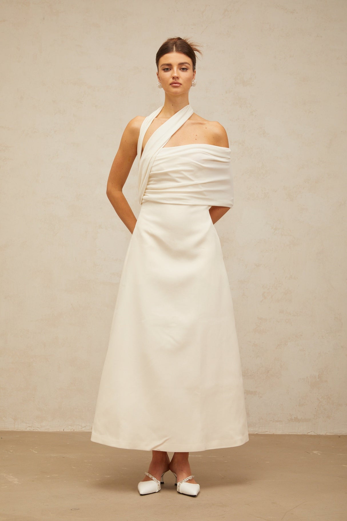 Aurohaya Solène cream-white asymmetrical midi dress