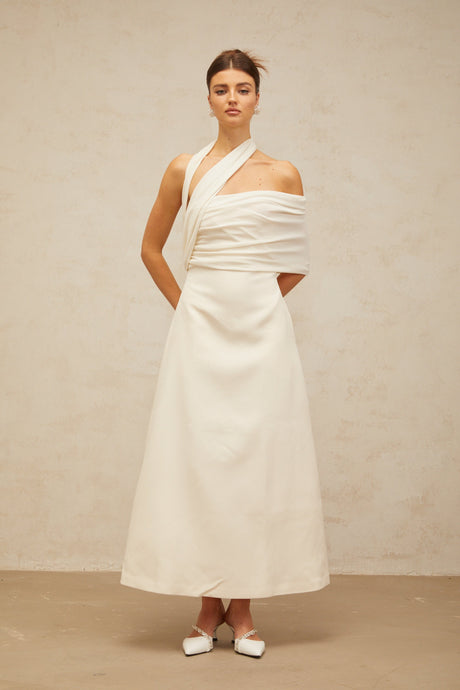 Aurohaya Solène cream-white asymmetrical midi dress