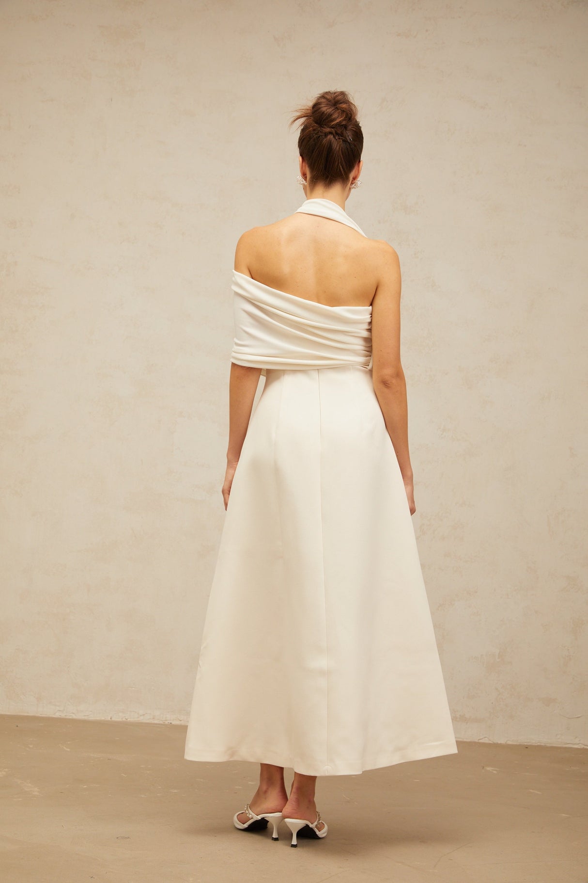 Aurohaya Solène cream-white asymmetrical midi dress