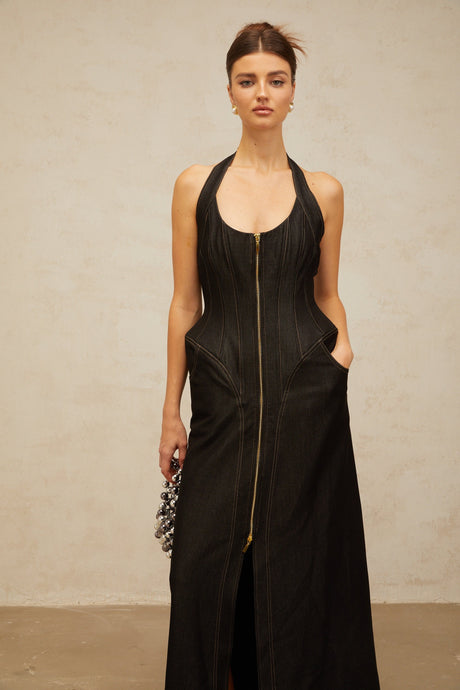 Aurohaya Adrienne black denim front-slit contrast-stitching maxi dress