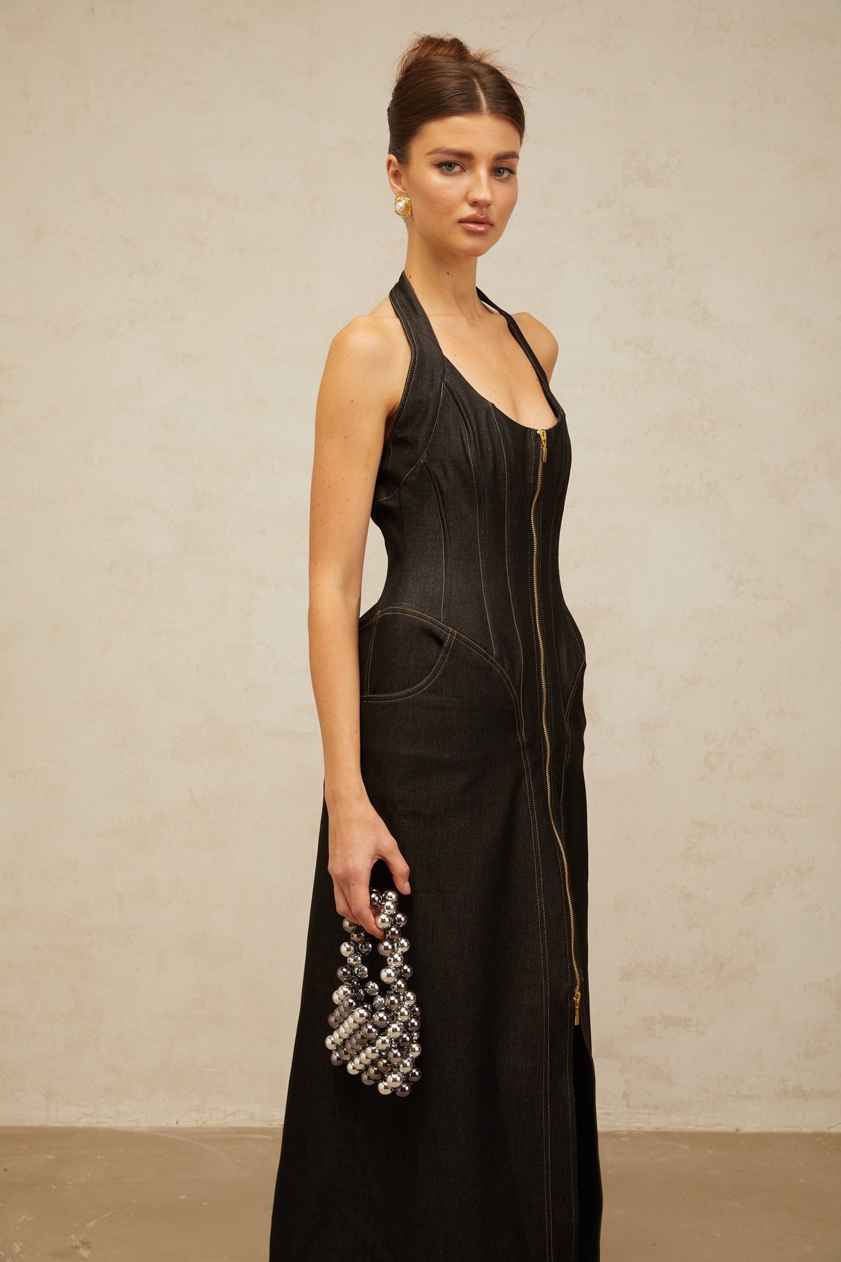 Aurohaya Adrienne black denim front-slit contrast-stitching maxi dress