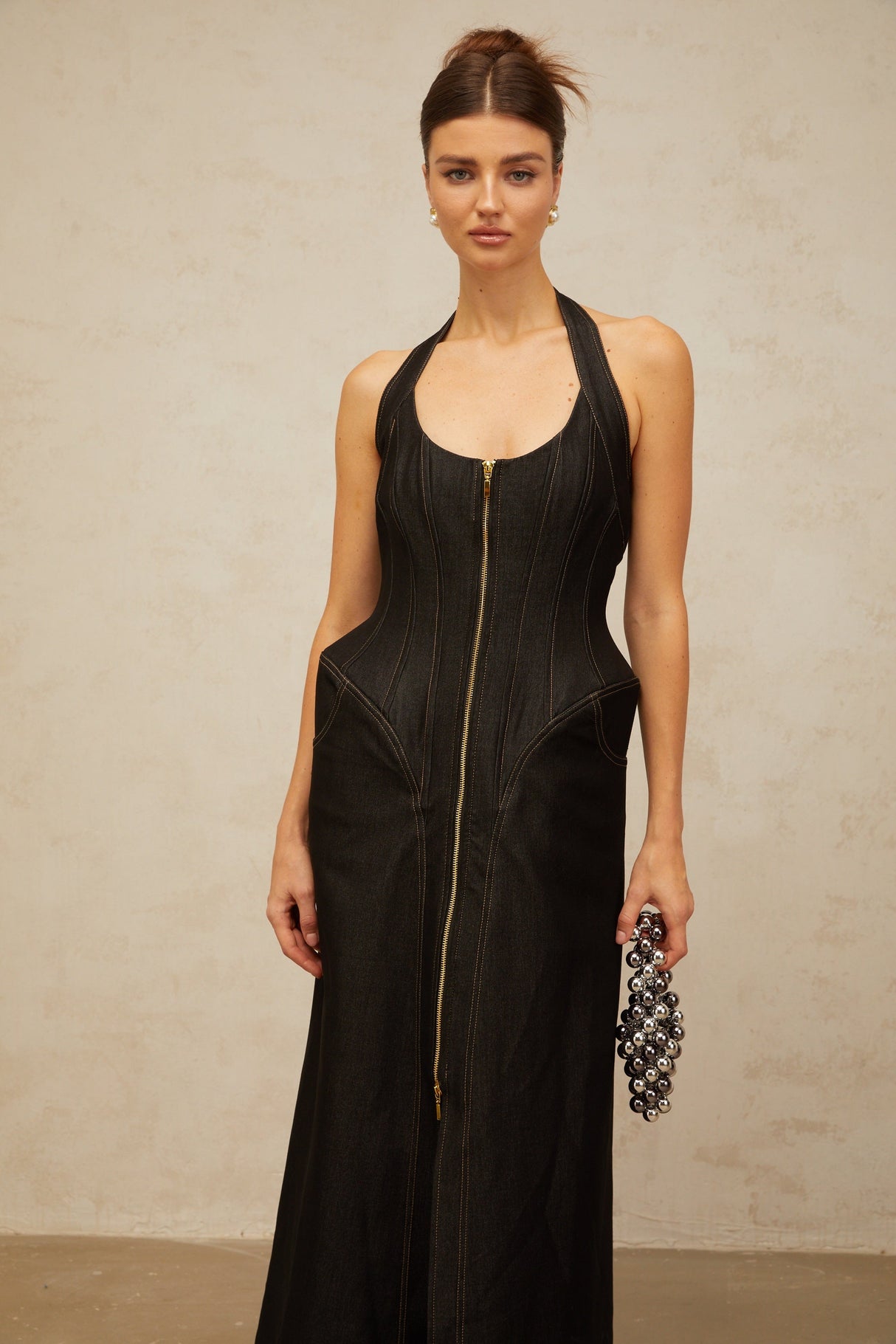 Aurohaya Adrienne black denim front-slit contrast-stitching maxi dress